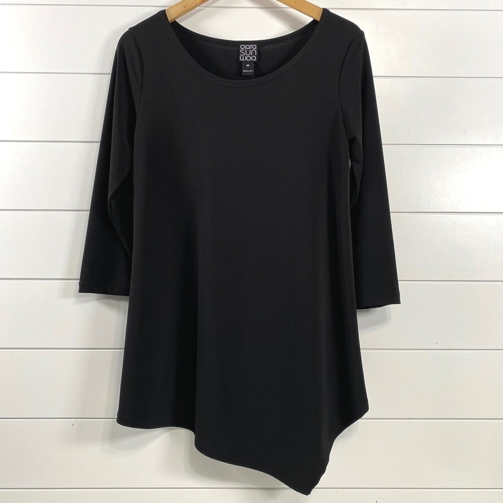 Clara Sun Woo Womens Asymmetrical Hem Liquid Knit‎ Top sz XS Black Travel Artsy